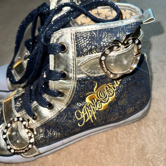 AppleBottom Sz 8 Youth Hightop Gold Denim Blue Sparkle Bling Sneakers S04 - Picture 2 of 7